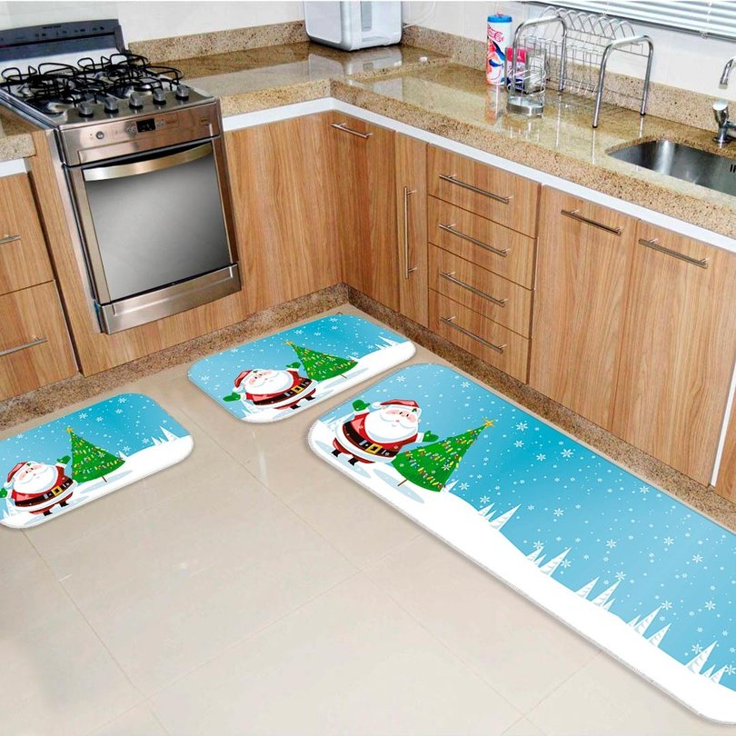 Kit 3 Tapetes de Natal para Cozinha Papai Noel e Pinheiro Kit 3 Tapetes de Natal para Cozinha Papai Noel e Pinheiro