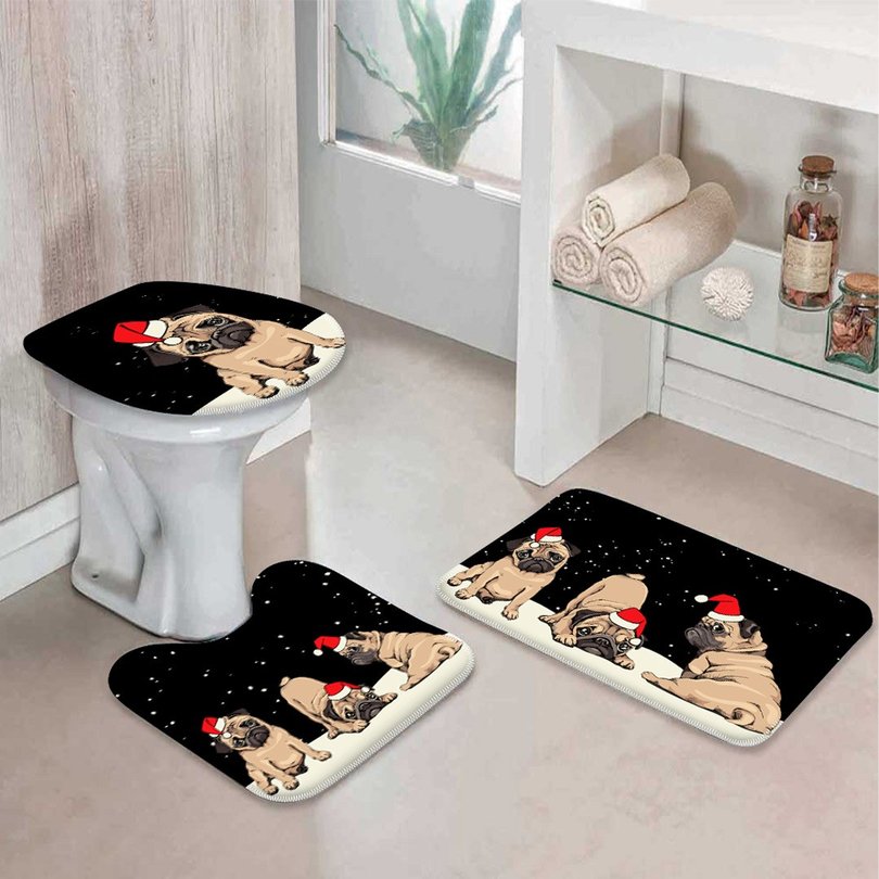 Jogo Tapete de Natal para Banheiro Pug Natalino Jogo Tapete de Natal para Banheiro Pug Natalino