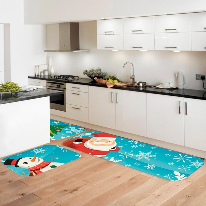 Kit 3 Tapetes de Natal para Cozinha Papai Noel Azul Kit 3 Tapetes de Natal para Cozinha Papai Noel Azul