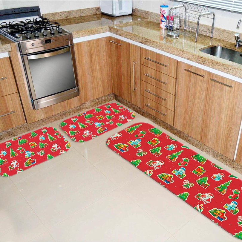 Kit 3 Tapetes de Natal para Cozinha Elementos Natalinos Vermelho Kit 3 Tapetes de Natal para Cozinha Elementos Natalinos Vermelho