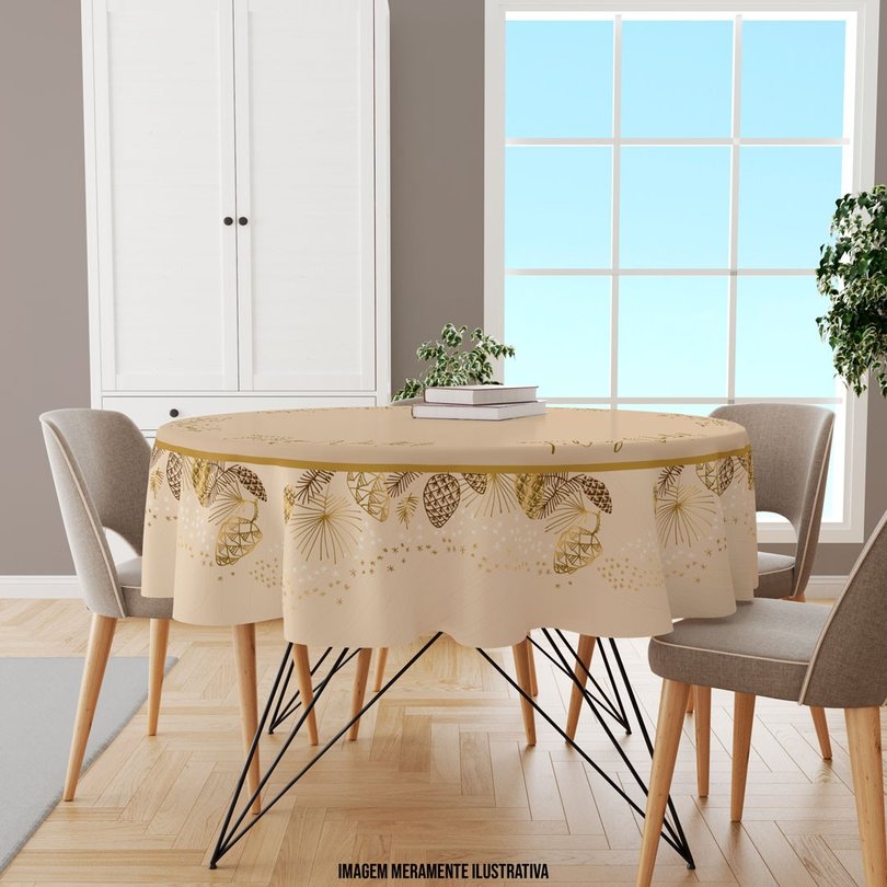 Toalha de Mesa Redonda para 4 Lugares Feliz Natal Dourado Único Toalha de Mesa Redonda para 4 Lugares Feliz Natal Dourado Único