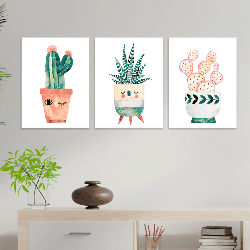 Kit 3 Quadros Decorativos Desenhos de Cactos - Fran Adesivos de Parede