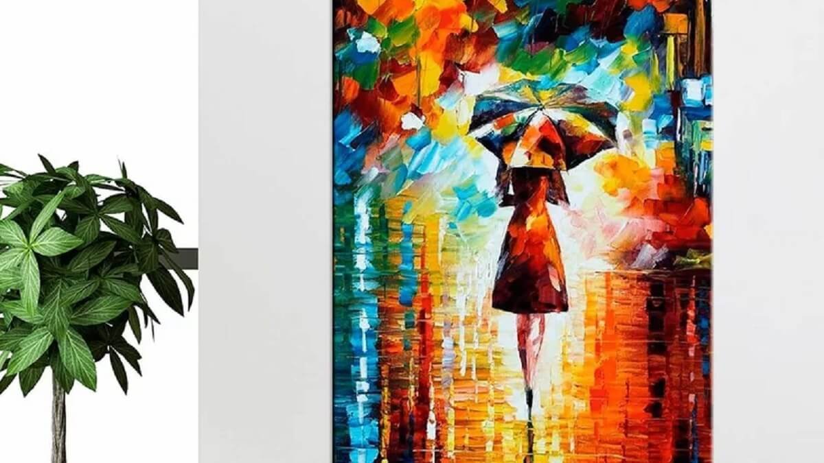 Quadro Colorido com o desenho de uma mulher e um guarda-chuva