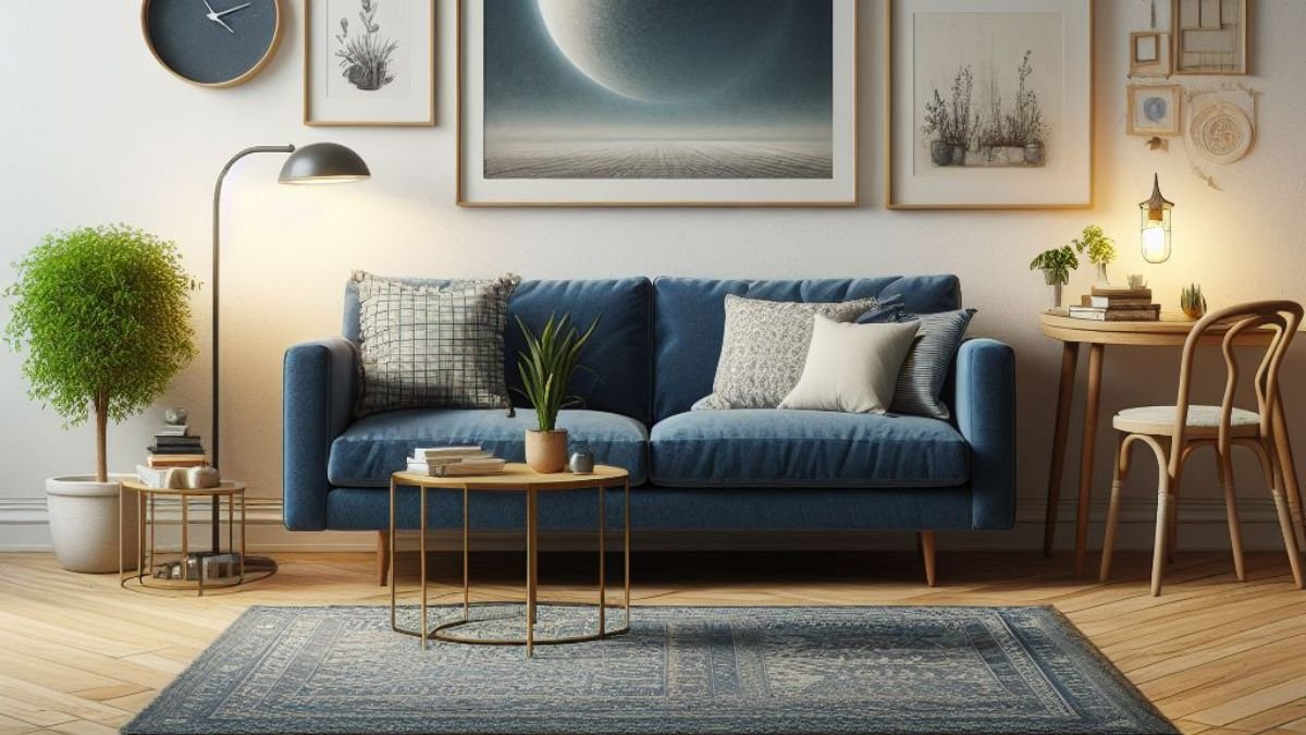 decoracao com sofa azul marinho na sala
